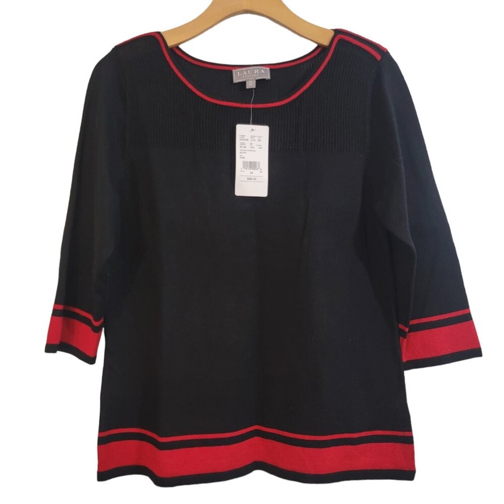 Laura Petites Sweater Red Black 3/4 Sleeve Womens Sz PM Style 0754 NEW NWT